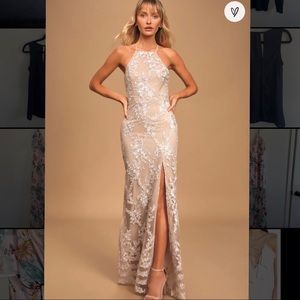 Lulus Dazzled Up Champagne Embroidered Backless Maxi Dress Size M